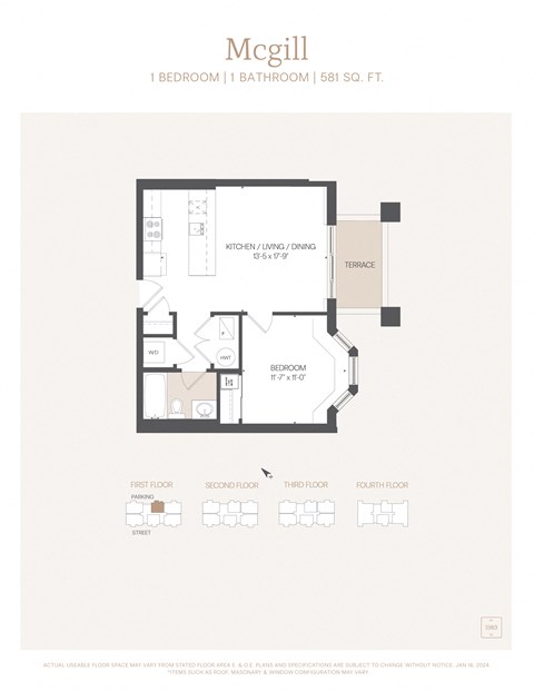 Floor plan for 1 bed, 1 bath, 581 sqft